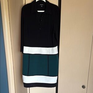 Black and Green Long Sleeve Color Block Career Dress